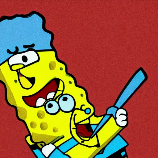 Image similar to childish crayon drawing of spongebob squarepants cartoon character holding a kitchen knife