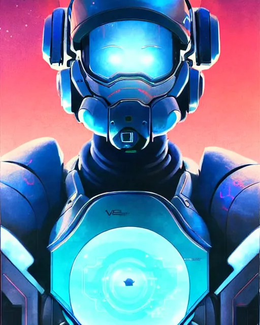 Image similar to echo from overwatch, blue hologram face, character portrait, portrait, close up, concept art, intricate details, highly detailed, vintage sci - fi poster, retro future, in the style of chris foss, rodger dean, moebius, michael whelan, and gustave dore