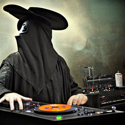 Image similar to the plague doctor on the dj decks