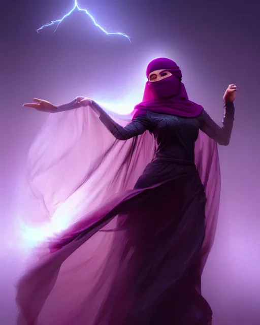 Image similar to beautiful arab woman in niqab, floating in mid - air, long flowing fabric, haunting, dancer, flowers, rain, lightning, storm, digital painting, illustration by raymond swanland and artgerm and mina petrovic and timothy kong and marina federovna, volumetric lighting, artstation