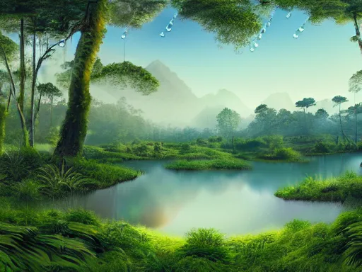 Prompt: serene landscape of a rain forest, panorama, photorealist, 4 k