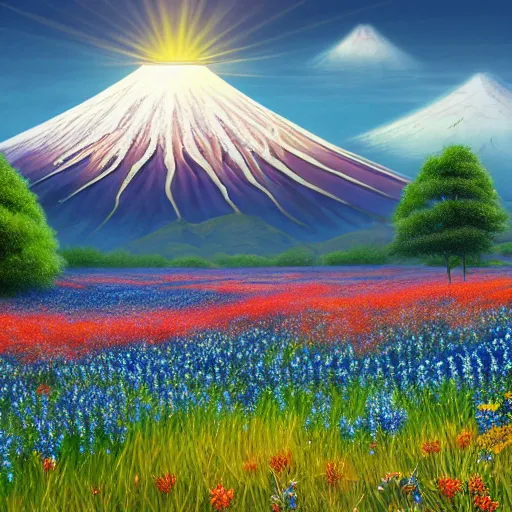 Image similar to a beautiful and detailed picture of mount fuji surrounded by a field of bluebonnets, in the style of magic the gathering, highly detailed, digital painting, god rays, volumetric lighting, octane render, 4 k resolution, art by adam paquette and johann bodin and jason rainville