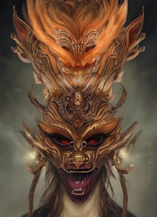 Image similar to a beautiful detailed oil on copper art illustration of a japanese oni kitsune mask devil woman, the mask is broken, centered, by charlie bowater, zeng fanzh, trending on artstation, dim dusk lighting, cinematic lighting, detailed lighting, volumetric lighting, realistic, f 8, 4 k hd wallpaper