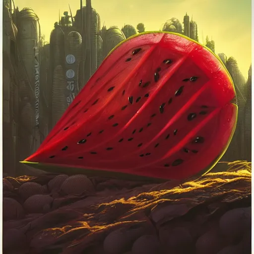 Image similar to Concept Digital Art Highly detailed Watermelon warlord by Stephen Hickman and Beeple. Very highly detailed 8K,Pentax 67, Kodak Portra 400 in style of Hiromasa Ogura Ghost in the Shell, the golden ratio, rational painting