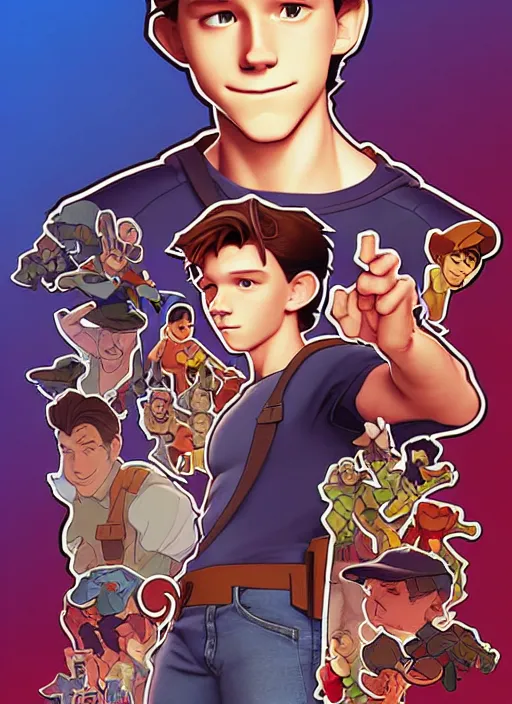 Image similar to cute tom holland sticker design, natural lighting, path traced, highly detailed, high quality, digital painting, by don bluth and ross tran and studio ghibli and alphonse mucha, artgerm