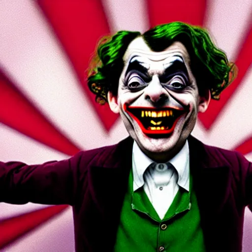 Image similar to mr. bean as the joker. movie still. cinematic lighting.