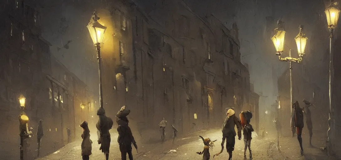 Image similar to a painting of a group of people walking down an old cobbled street at night with street lamps and houses, by Sergey Kolesov, Stanley Artgermm, Tom Bagshaw, Greg Rutkowski, Carne Griffiths, trending on Artstation, 8k, masterpiece, graffiti paint, dishonored, fine detail, full of color, intricate detail