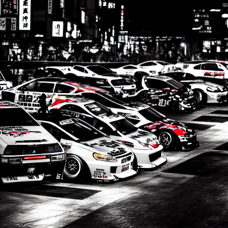 Image similar to a car JDM Drift illegal meeting, detailed-wheels, Shibuya prefecture, cinematic lighting, photorealistic, highly detailed, night photography