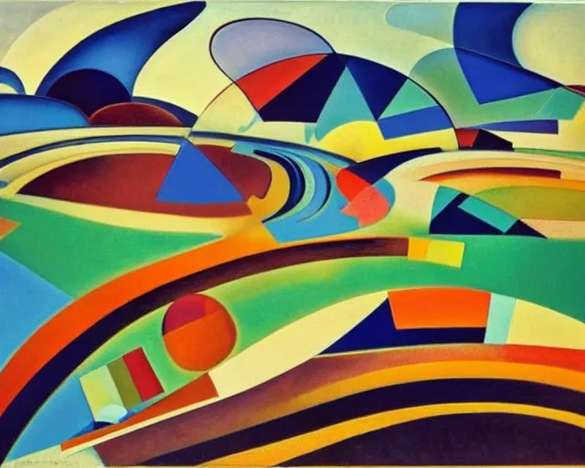 Image similar to A wild, insane, modernist landscape painting. Wild energy patterns rippling in all directions. Curves, organic, zig-zags. Saturated color. Mountains. Clouds. Rushing water. Wayne Thiebaud. Kandinsky.