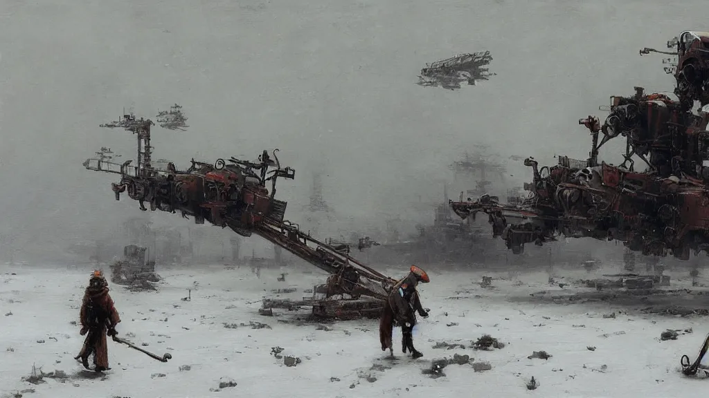 Image similar to 1920's broken down bipedal walker mech in the snowy tundra, oil drill in the distance, steampunk airship above, painted by Jakub Rozalski