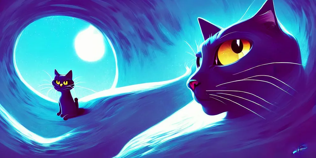 Image similar to curved perspective, extreme narrow, extreme fisheye, digital art of a big female black cat with white spot with blue flower by anton fadeev from nightmare before christmas