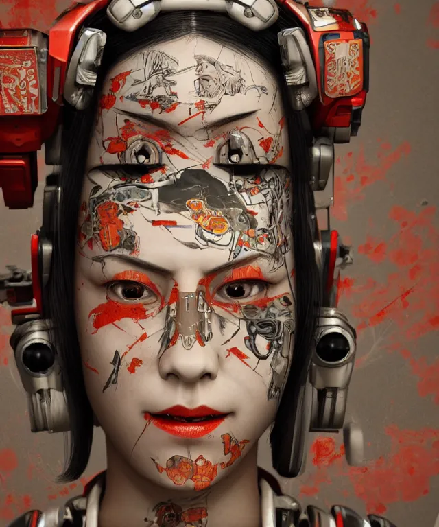 Image similar to an epic fantastic realism comic book style portrait painting of a japanese robotic geisha with kanji tattoos and decals, apex legends, octane render, intricate detail, 4 k hd, unreal engine 5, ex machina, irobot