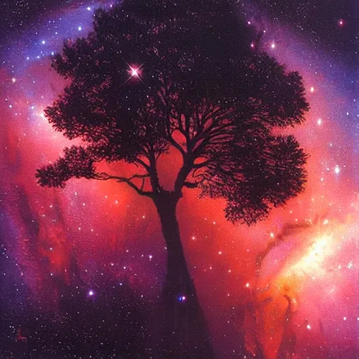 Prompt: a tree floating inside of a nebula, david a. hardy