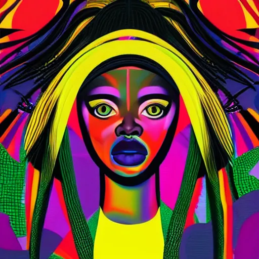 Image similar to closeup portrait of a black woman with yellow eyes and a rainbow background, digital art by tomokazu matsuyama, by ed paschke, behance contest winner, generative art, irridescent, retrowave, grain, androgynous, black background