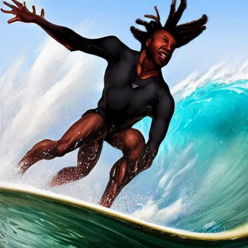 Prompt: a wide angle dynamic action photo of a black man with dreadlocks surfing a barrel wave, by clark little and rhads, concept art by artgerm