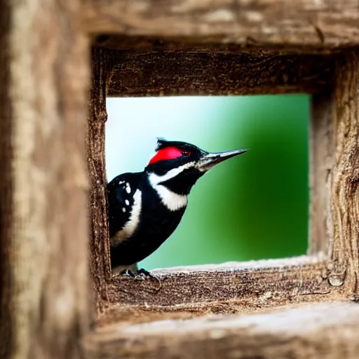 Prompt: 5 5 mm macro photo of a woodpecker inside a house in an oak tree, looking through the window. dof. bokeh. by artgerm and luis royo. highly detailed 8 k. intricate. lifelike. realistic sony a 7 riv. soft light. cinematic processing