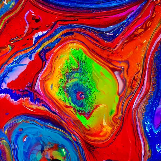 Prompt: An abstract acrylic pour painting of various objects, photo, studio lighting, trending on artstation, shot with red 6k camera, 8k, award winning lighting, award winning cinematography, shot on 16mm film, at a high end art gallery