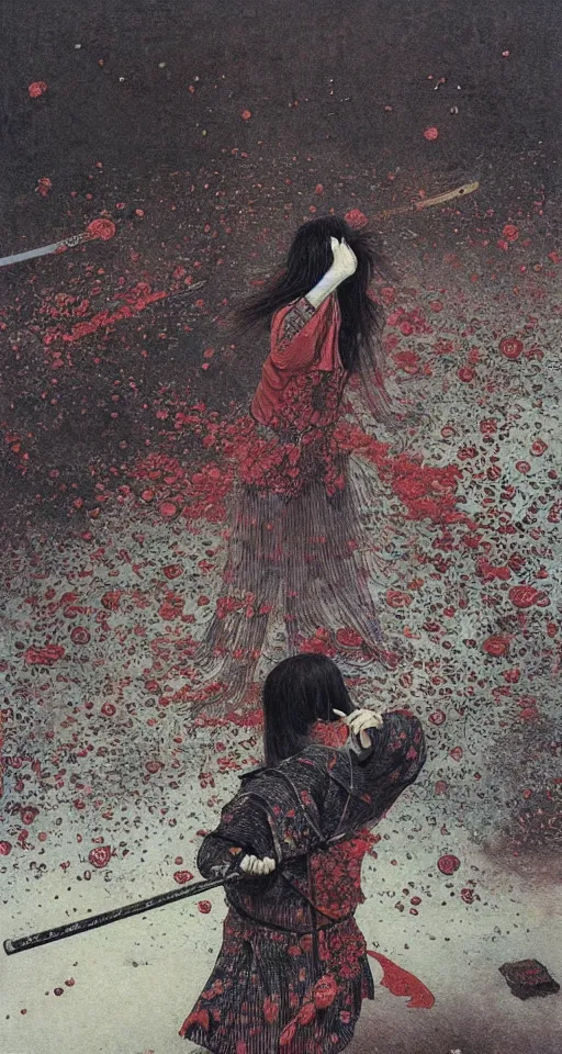 Image similar to Japanese schoolgirl runs away from Samurai with a katana on the subway, high detailed Beksinski painting, part by Adrian Ghenie and Gerhard Richter. art by Takato Yamamoto. masterpiece