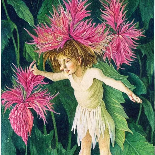 Prompt: castor oil plant fairy by Cicely Mary Barker