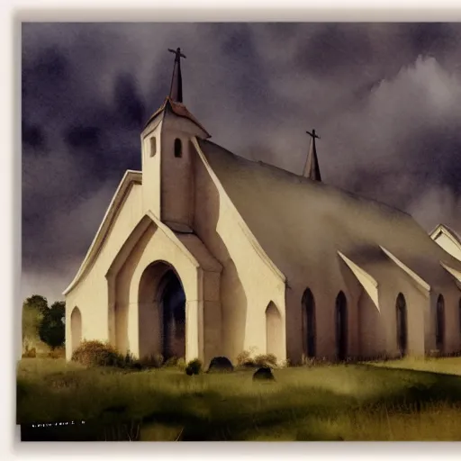 Image similar to realistic extremely detailed watercolor painting portrait of church, dusk, elegant, moody muted colors, Paul klee, octane render, 4k