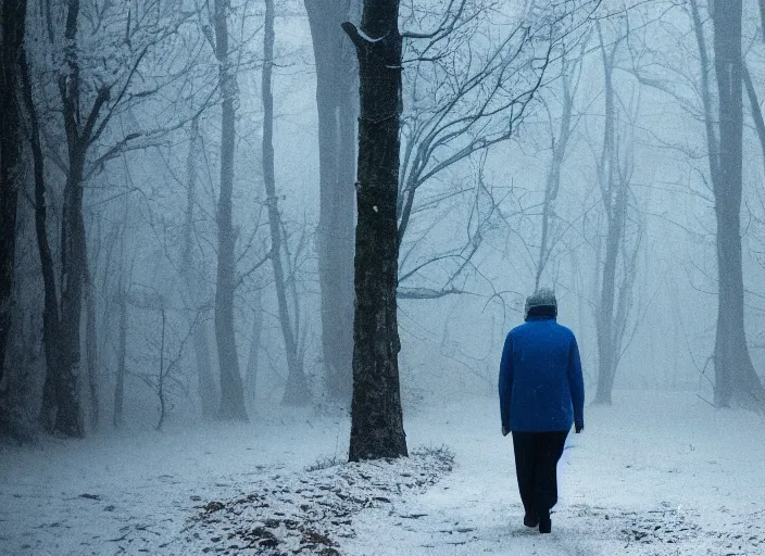 Image similar to a 3 5 mm photo from the back of a senior citizen walking in the misty snowy woods, splash art, movie still, bokeh, canon 5 0 mm, cinematic lighting, dramatic, film, photography, cold blue light, depth of field, award - winning, anamorphic lens flare, 8 k, hyper detailed, 3 5 mm film grain