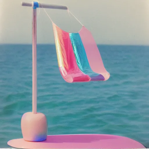 Image similar to a pastel colour high fidelity Polaroid photo from a holiday album at a seaside with abstract inflatable parachute furniture, all objects made of transparent iridescent Perspex and metallic silver, no people, iridescence, nostalgic