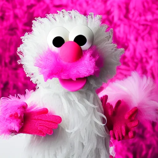 Prompt: hot pink feather boa muppet in bubble bath