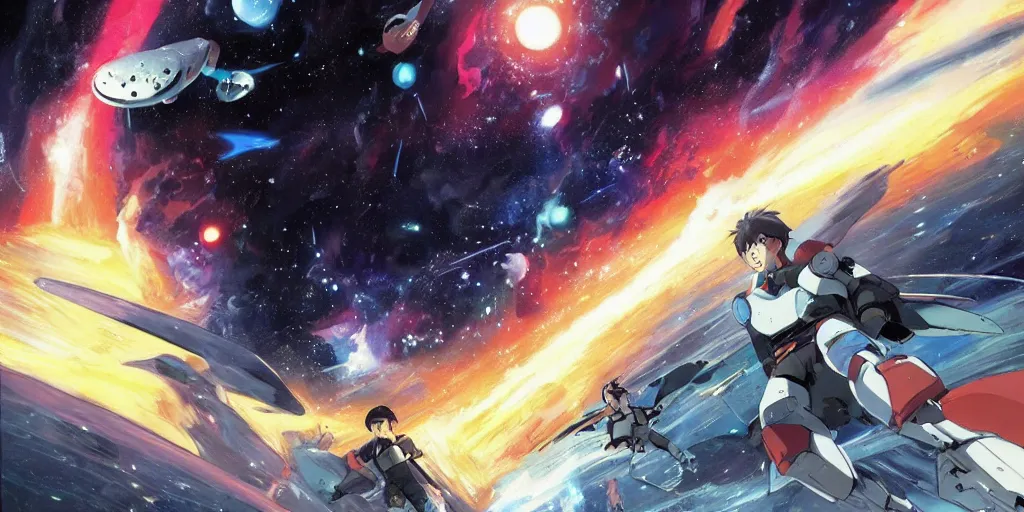 Image similar to intergalactic battle, art by makoto shinkai and alan bean, yukito kishiro