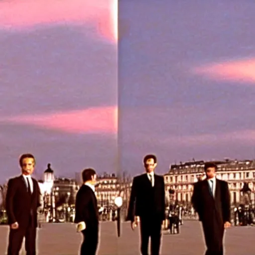 Prompt: still of emmanuel macron clones, invading place de la concorde, in american psycho ( 1 9 9 9 ), sunset