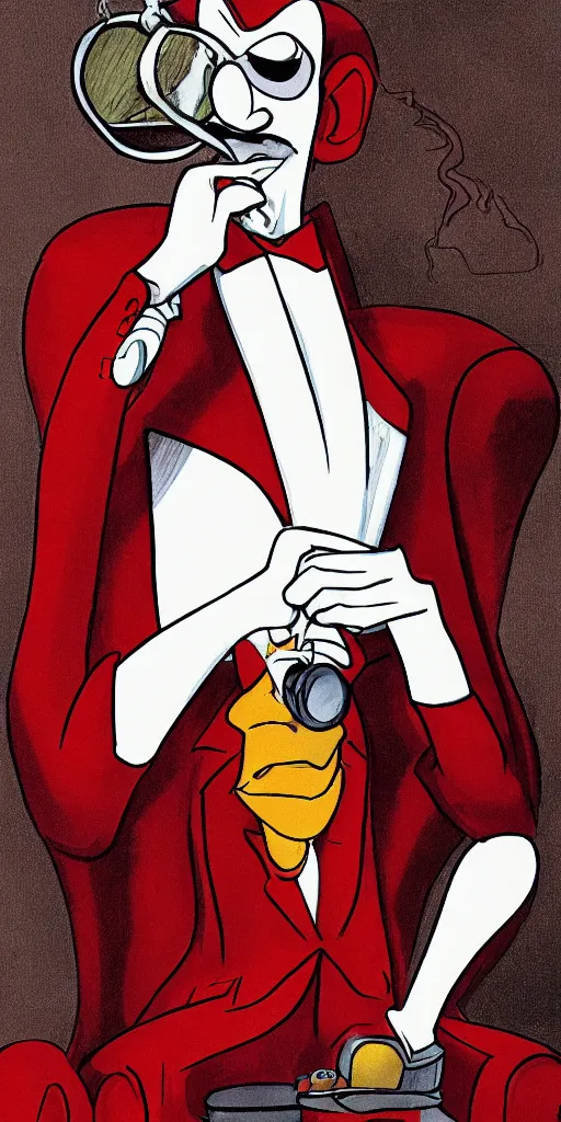 Image similar to a portrait of Earthworm Jim as an austere billionaire sitting in a red leather chair smoking his pipe and looking stately with his monocle