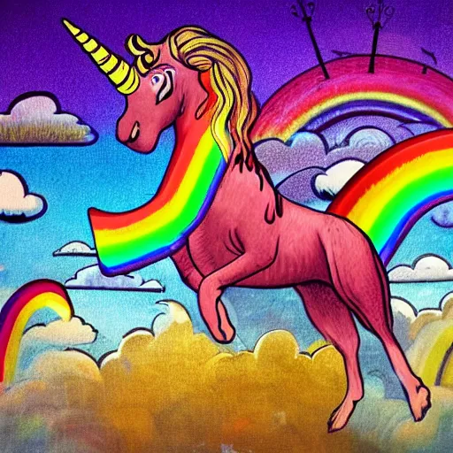 Prompt: old english sheet dog with a unicorn horn and wings flying in the sky with rainbows synthwave