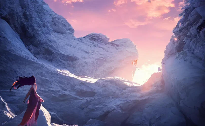 Image similar to Himalayan in an ice temple, beautiful flowing fabric, sunset, dramatic angle, dynamic pose, 8k hdr pixiv dslr photo by Makoto Shinkai ilya kuvshinov and Wojtek Fus