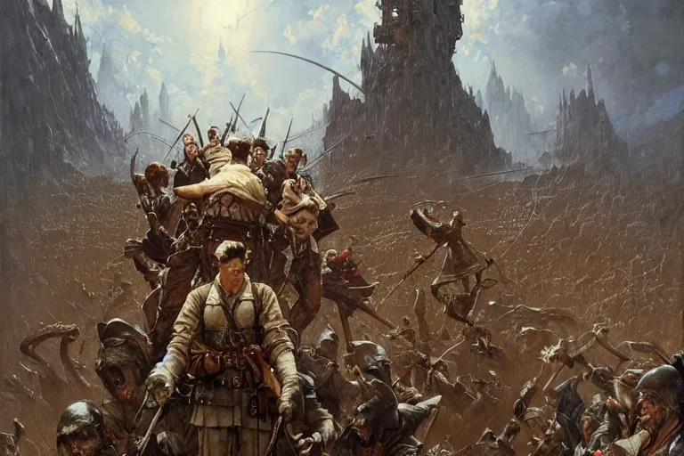 Prompt: a epic norman rockwell painting of army of wizards fighting against vampires on the mountains of the ocean, gritty tech, deep focus, fantasy, intricate, elegant, highly detailed, digital painting, artstation, concept art, matte, sharp focus, illustration, dark fantasy style art, resident evil, art by artgerm and greg rutkowski and alphonse mucha