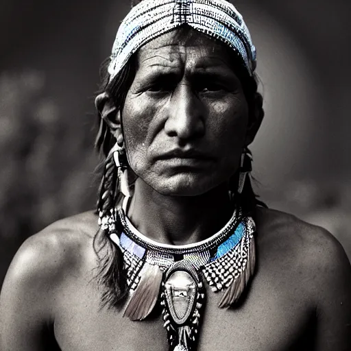 Prompt: portrait of navaho warrior in the 19th century, depth of field, zeiss lens, detailed, symmetrical, centered, fashion photoshoot, by Annie Leibovitz and Steve McCurry, David Lazar, Jimmy Nelsson, Breathtaking, 8k resolution, extremely detailed, beautiful, establishing shot, artistic, hyperrealistic, beautiful face, octane render