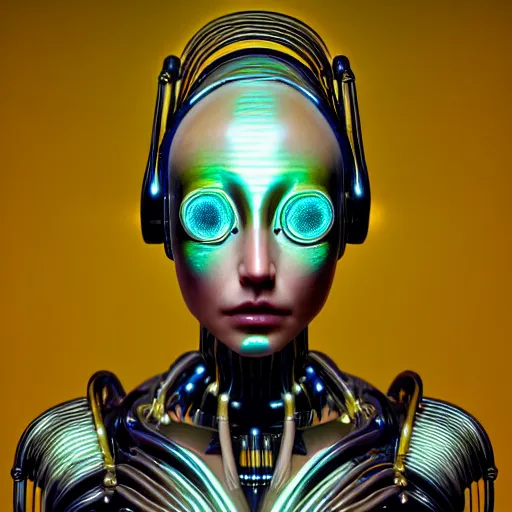 Image similar to Colour aesthetic Caravaggio style full body Photography of Highly detailed beautiful cybertronic alienWoman with 1000 year old detailed face wearing highly detailed retrofuturistic sci-fi Neural interface designed by Hiromasa Ogura . In style of Josan Gonzalez and Mike Winkelmann and andgreg rutkowski and alphonse muchaand and Caspar David Friedrich and Stephen Hickman and James Gurney and Hiromasa Ogura. Rendered in Blender and Octane Render volumetric natural light