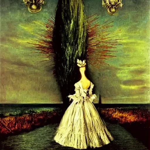 Prompt: Marie Antoinette walking on water. By El Greco, Remedios Varo, Salvador Dali, Carl Gustav Carus, John Atkinson Grimshaw.