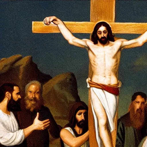 Image similar to jesus on the cross giving a thumbs up to the camera.