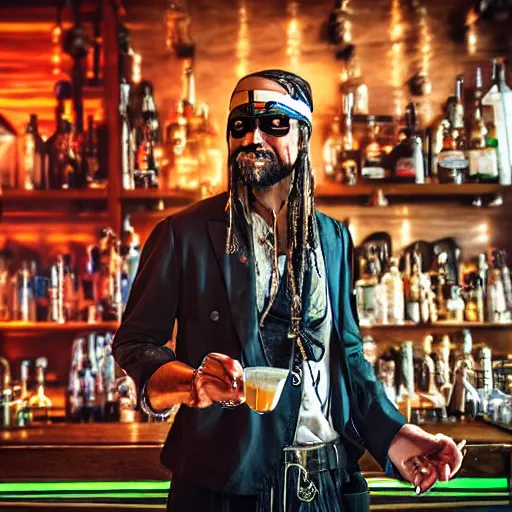 Prompt: a high quality portrait of a pirate bartender in a cyberpunk cyberpunk cyberpunk cafe, realism, 8k, award winning photo