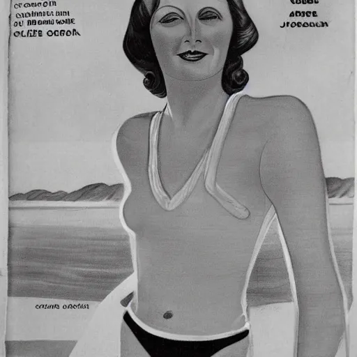 Image similar to a 1 9 2 8 cover of vogue. happy, healthy, beautiful, smiling, young, sporty, glowing greta garbo in decent swim wear. realistic detailed drawing