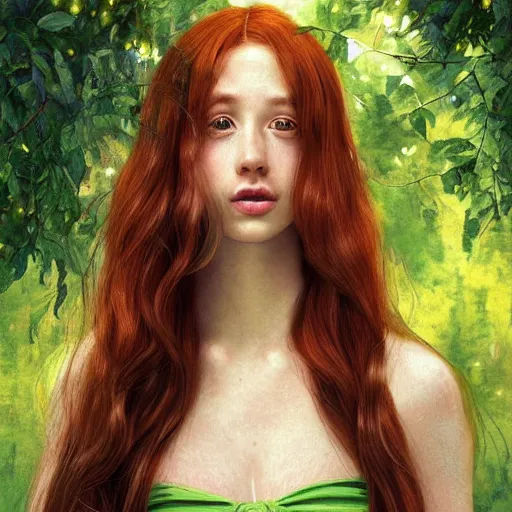 Prompt: a highly detailed, hyper realistic, portrait with torso of a red haired young woman, among wonderful golden fireflies, long hair, green eyes, hint of freckles, round gentle face, cheeky smile, white romantic dress with intricate details, deep focus, elegant, digital painting, smooth, sharp, golden ratio, illustration, art by artgerm and caravaggio