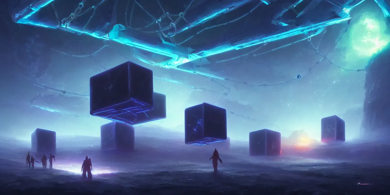 Image similar to a fleet of giant glowing futuristic cubes tied to each other with chains in the sky, a fantasy magical landscape seen in the distance, atmospheric lighting, intricate, volumetric lighting, beautiful, sharp focus, ultra detailed, in the art style of marc simonetti, bowater charlie and brom gerald, astrophotography