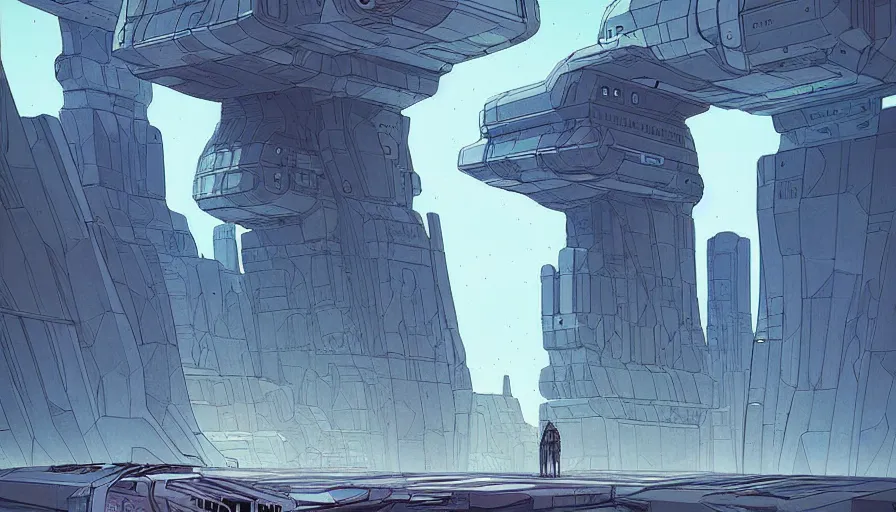 Prompt: dystopian futuristic monolith on a distant planet in style of moebius and cory loftis, very detailed, clean lines, atmospheric, vivid, wide angle