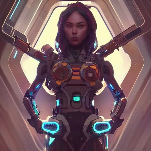 Image similar to symmetry! futuristic robotic, apex legends, epic lighting, epic pose, illustration, highly detailed, art by artgerm and greg rutkowski and alphonse mucha