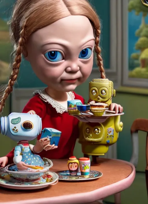 Image similar to highly detailed closeup, portrait of a tin toy greta thunberg eating cakes, unreal engine, nicoletta ceccoli, mark ryden, earl norem, lostfish, global illumination, detailed and intricate environment