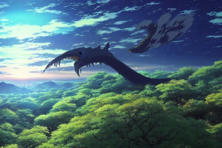 Image similar to painting of a dreamscape, a flying leviathan in the foreground, exterior wide shot, otherworldly and ethereal by kazuo oga in the anime film by studio ghibli, screenshot from the anime film by makoto shinkai