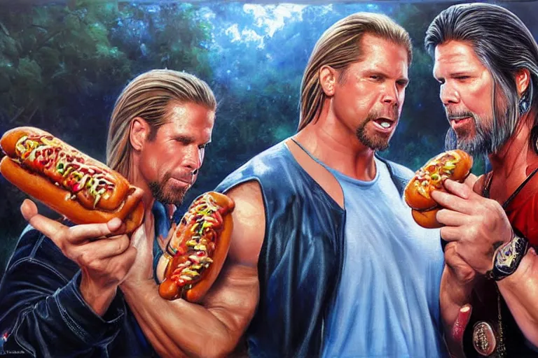 Image similar to portrait of wwf shawn michaels and wcw kevin nash sharing hotdogs, an oil painting by ross tran and thomas kincade