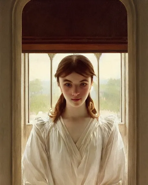 Prompt: a girl watching through a window, oil on canvas, artstation, by j. c. leyendecker and edmund blair leighton and charlie bowater, beautiful face, octane, very aesthetic!!!!!!!!!!!!!!!