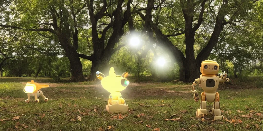 Prompt: a robot and a robot dog were glowing and floating in front of a great sacred tree