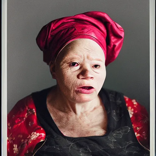 Image similar to UHD candid photo of Albino Aunt Jemima, accurate face, UHD, photorealistic, correct face, photo by Annie Leibowitz