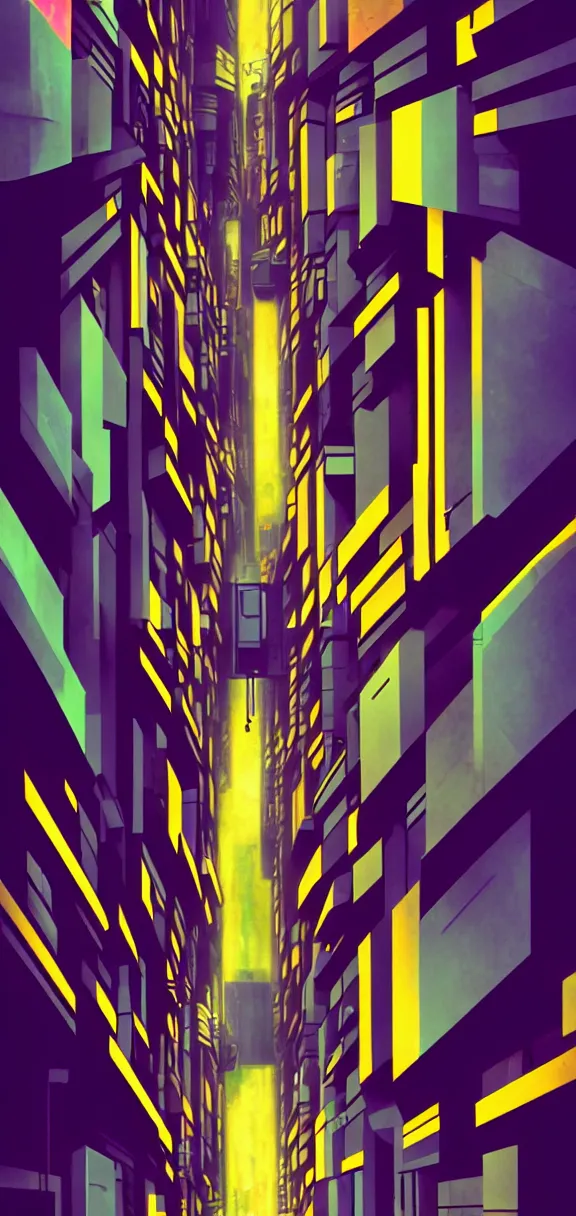 Prompt: post - minimalism, cyberpunk, abstract, slight cubism influence, bladerunner alley, iridescent, comic